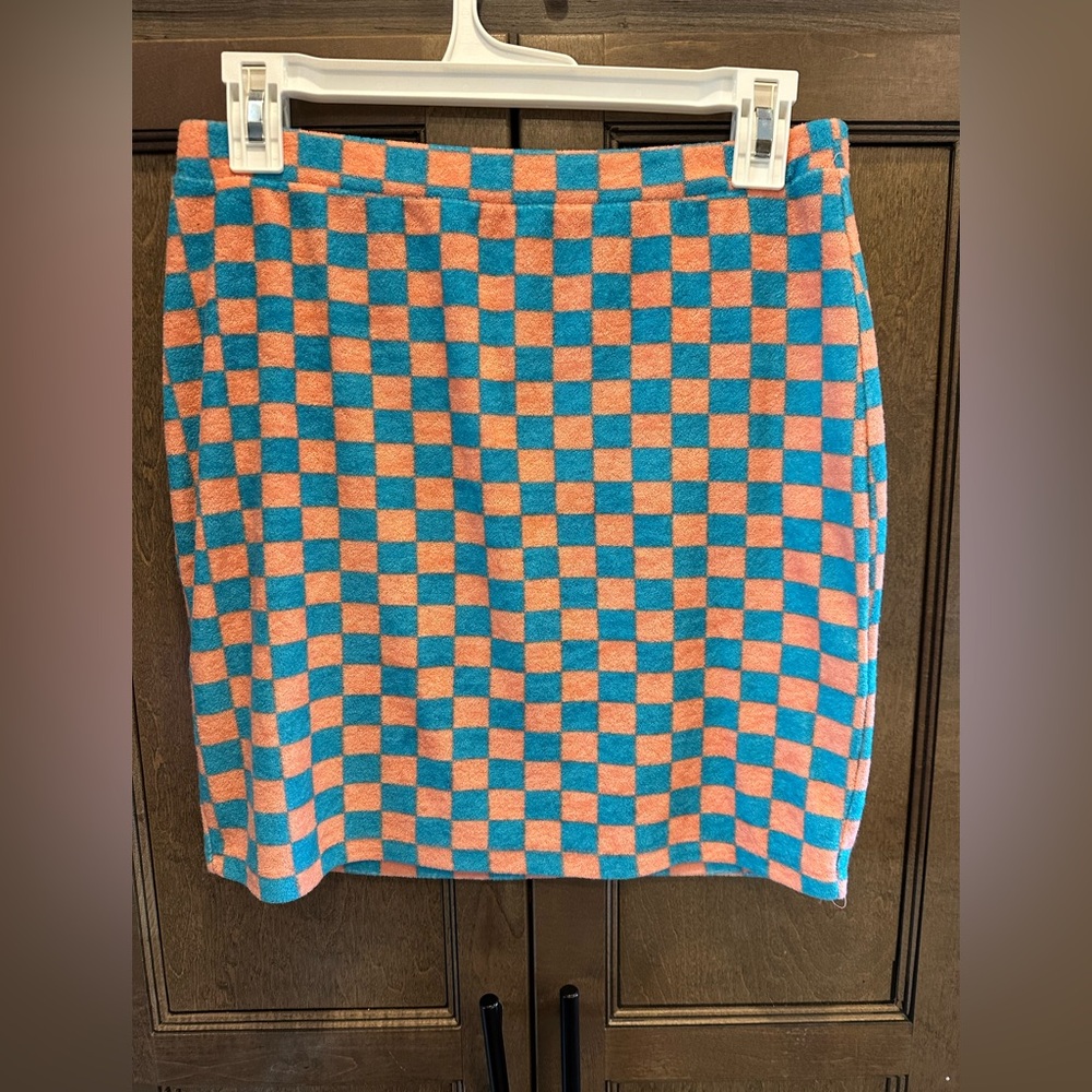 SO Vibrant Teal and Pink/Coral Checkered Terry Cloth Mini Skirt